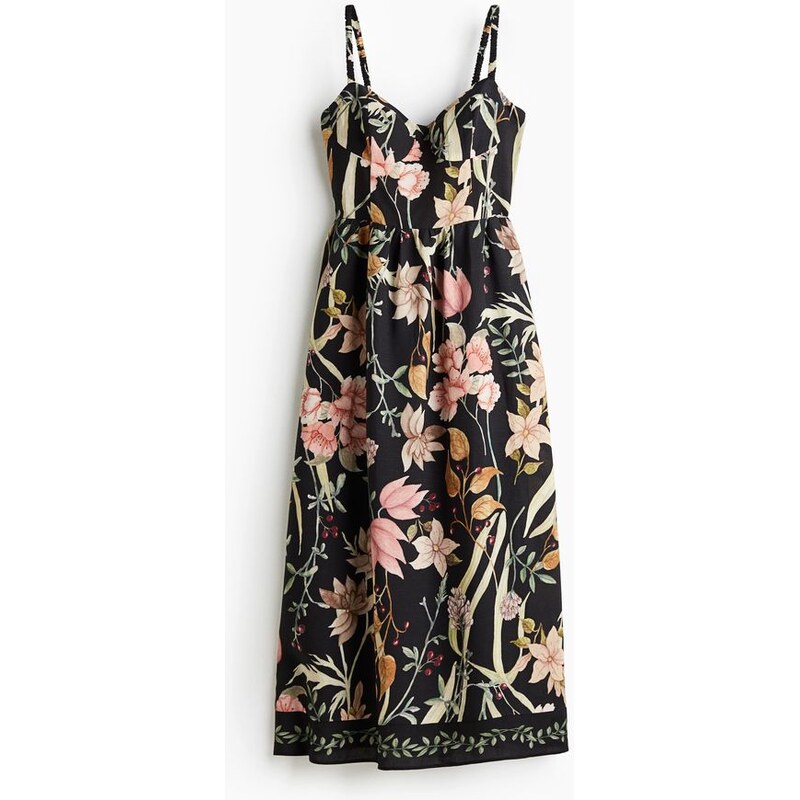 H&M - Šaty na ramínka z lněné směsi - Černá/Květy