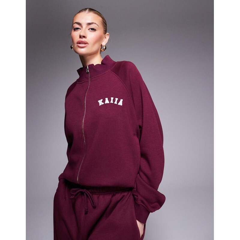 Kaiia cotton blend oversized bomber zip through contrast logo sweat 105591981