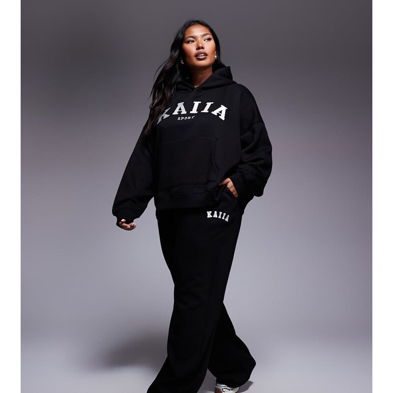 Kaiia Plus cotton blend wide leg joggers co-ord in black