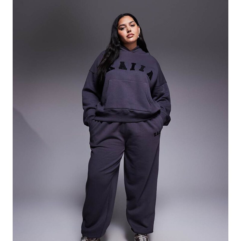 Kaiia Plus cotton blend embroidered logo cuffed joggers co-ord