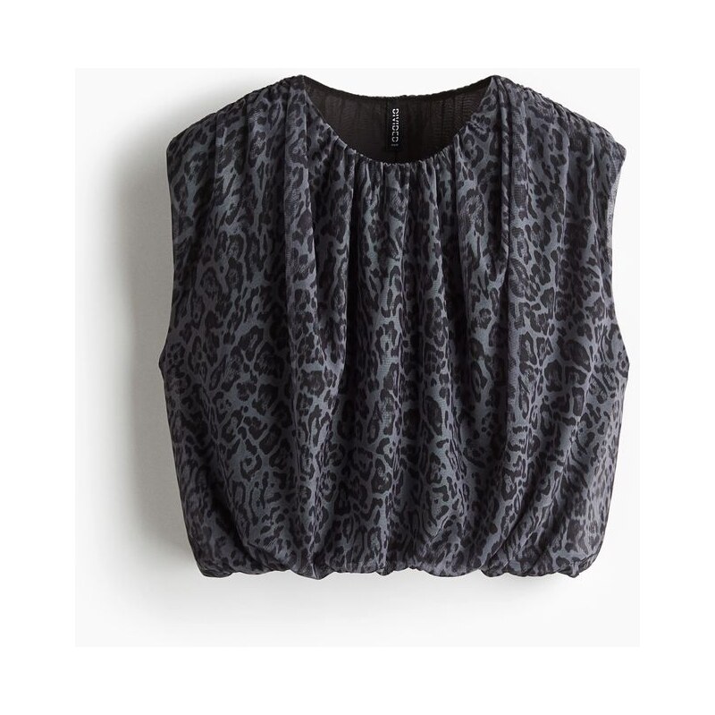 H&M - Řasený top zesíťoviny - Černá/Leopardí Potisk