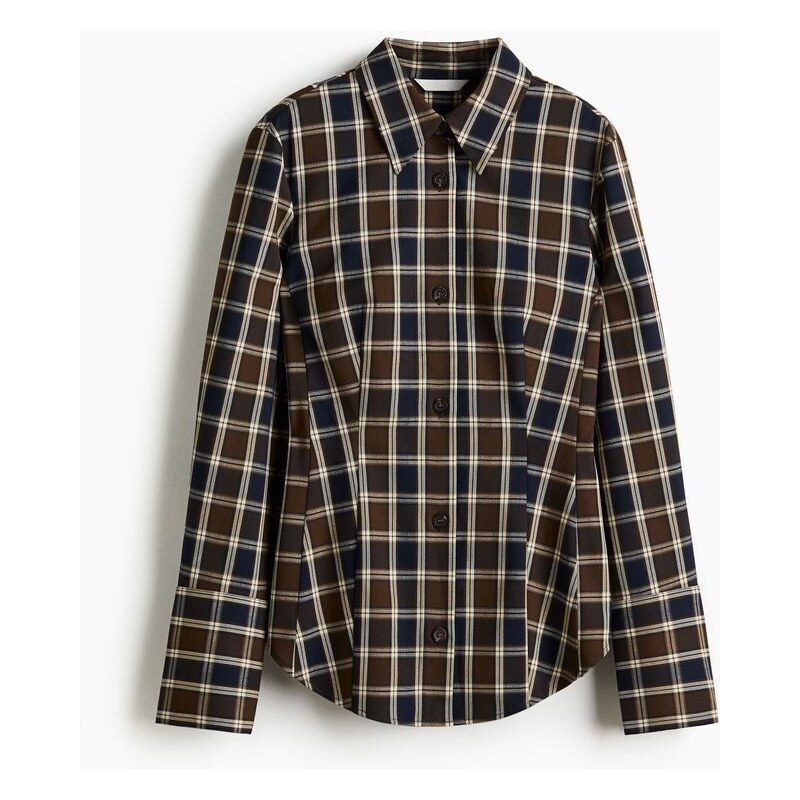 H&M - Přiléhavá keprová košile - Khaki Zelená/Kostka