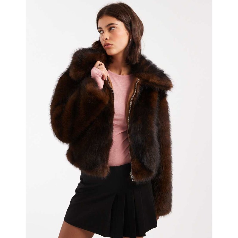 Miss Selfridge faux fur collar detail bomber in chocolate-Brown