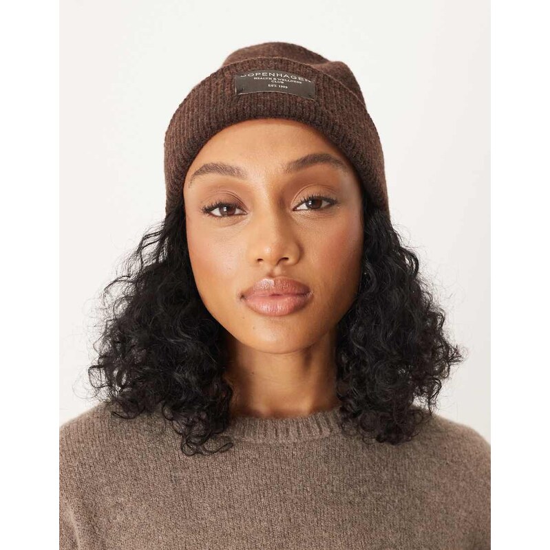 ASOS DESIGN Copenhagen label beanie in chocolate-Brown 109353760