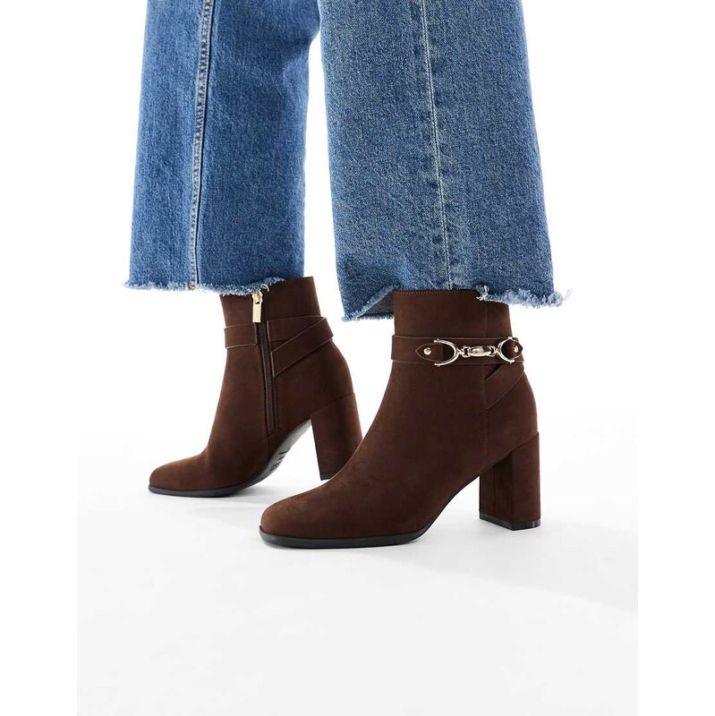 New Look faux suede buckle heeled boots in brown 109187166