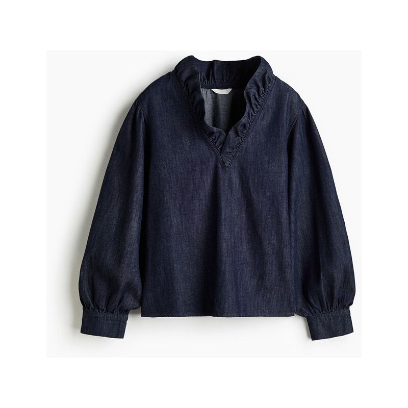 H&M - Džínová halenkas řaseným límečkem - Tmavý Denim Blue