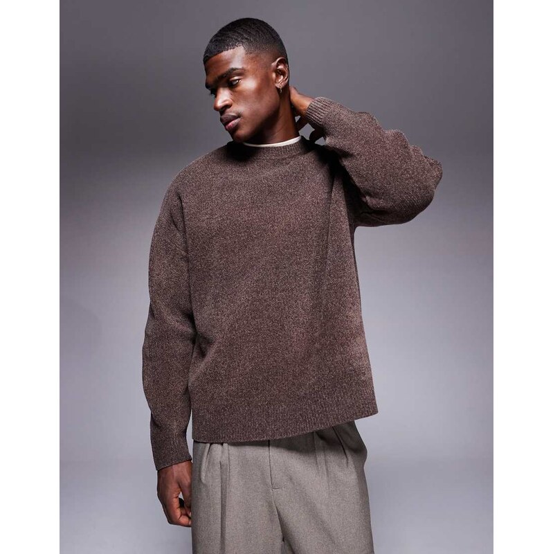 ASOS DESIGN oversized knitted chenille jumper in brown-Grey