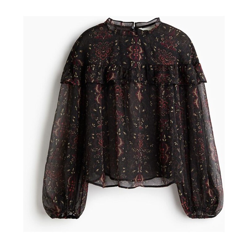 H&M - Volánková halenka z šifonu - Černá/Květy