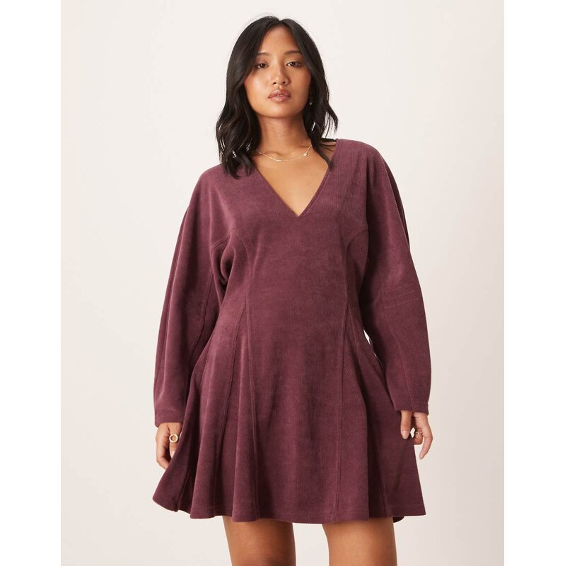 ASOS Petite ASOS DESIGN Petite cocoon sleeve cord mini dress in wine 114882083