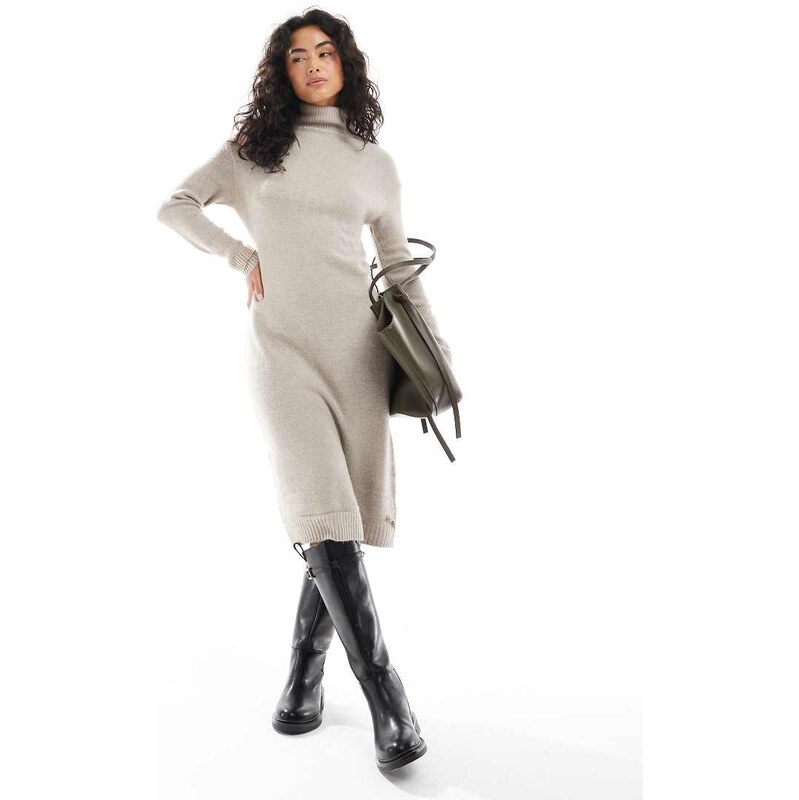 Brave Soul oversized knitted rollneck maxi dress in beige-Neutral 109186819