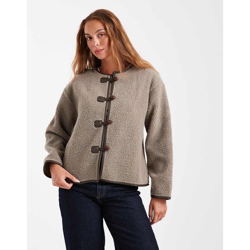 Brave Soul borg collarless jacket with toggle fastenings in taupe 109141411