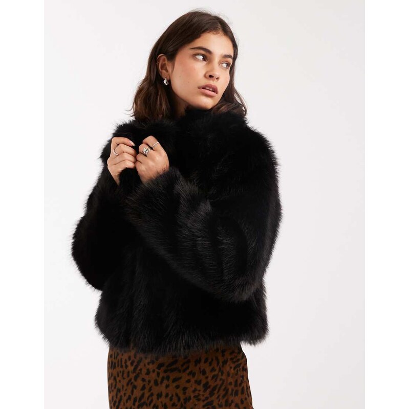 Miss Selfridge faux fur crop jacket in black