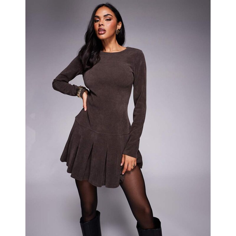 ASOS DESIGN cord drop waist mini dress with pleated skirt in
