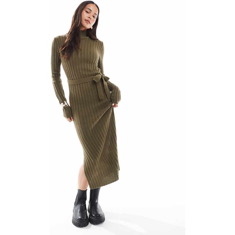 Brave Soul knitted ribbed rollneck midi dress with tie belt in khaki 109141407