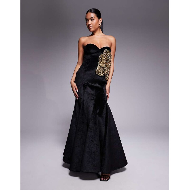ASOS DESIGN structured velvet godet maxi dress with gold floral