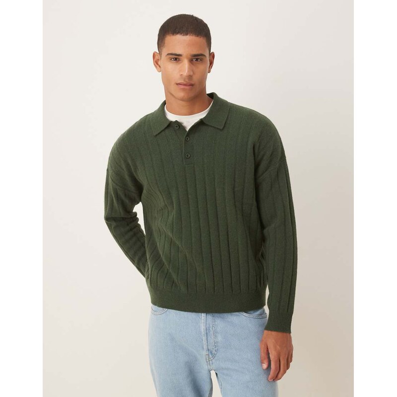 ASOS DESIGN oversized knitted lambswool rib polo in dark green