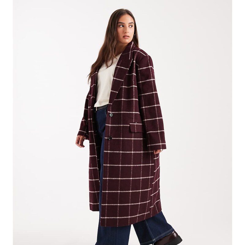 ASOS Curve ASOS DESIGN Curve longline formal coat in burgundy check 109475765