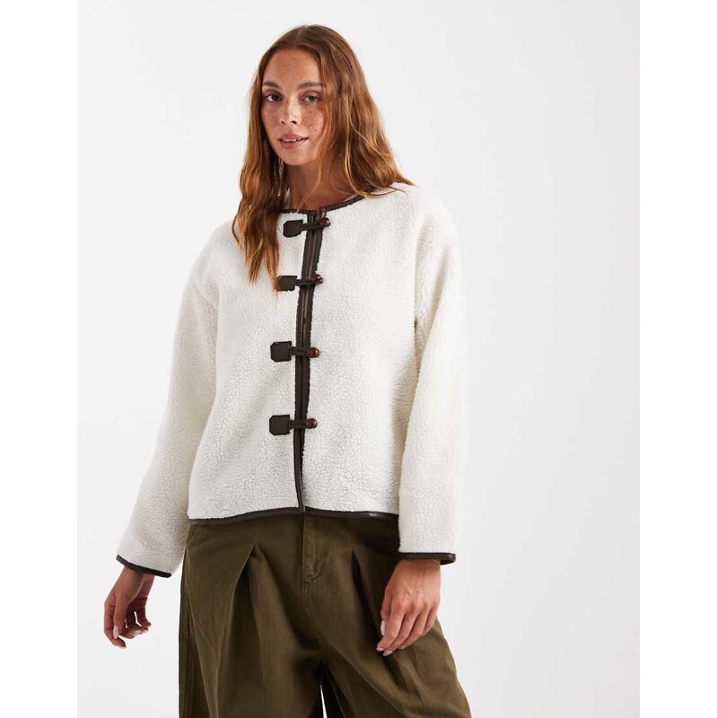 Brave Soul borg collarless jacket with toggle fastenings in cream 115733424