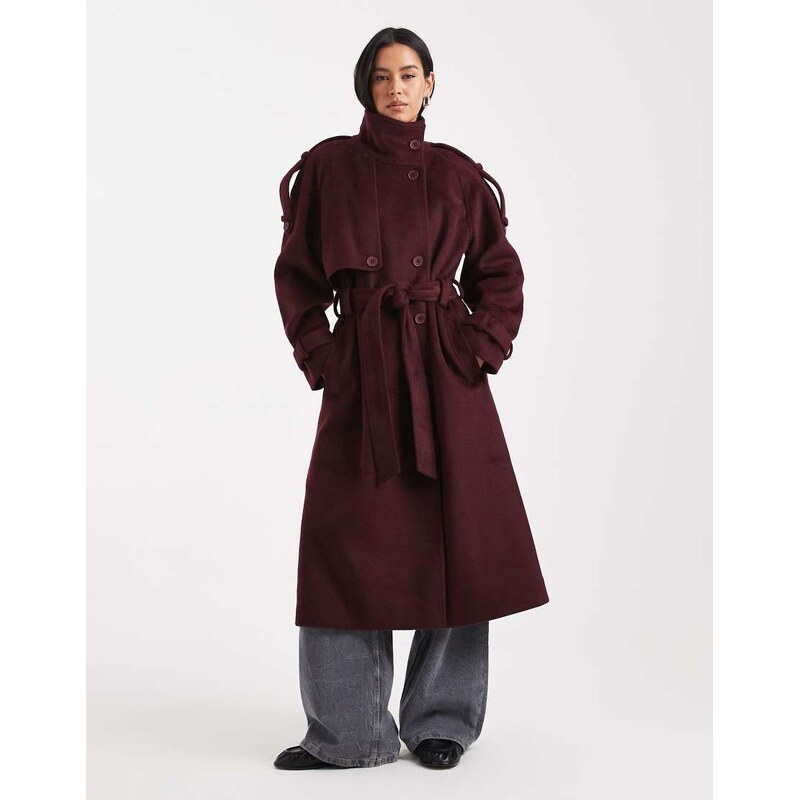 ASOS DESIGN formal longline funnel neck trench coat in burgundy-Red 115512356