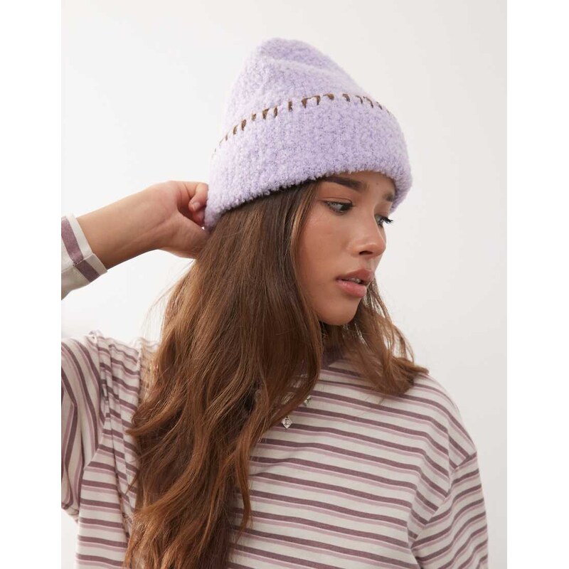 Reclaimed Vintage beanie with chocolate brown blanket stitch in