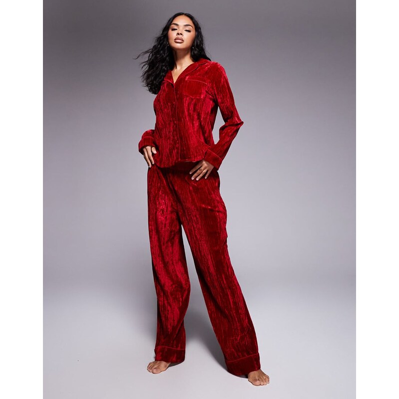 ASOS DESIGN velvet texture pyjama set in red