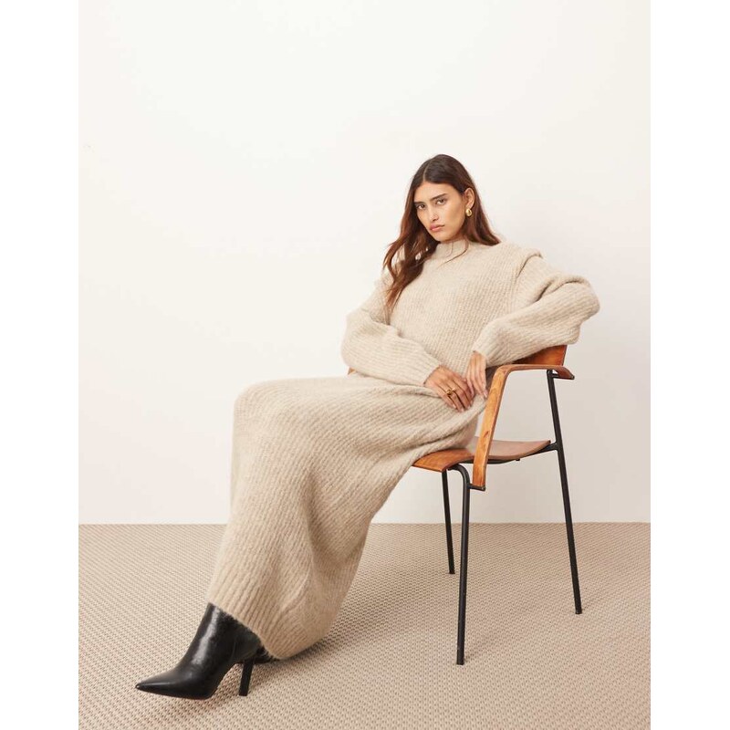 ARRANGE rib knitted shoulder pad midi dress in oat-Neutral 115511848