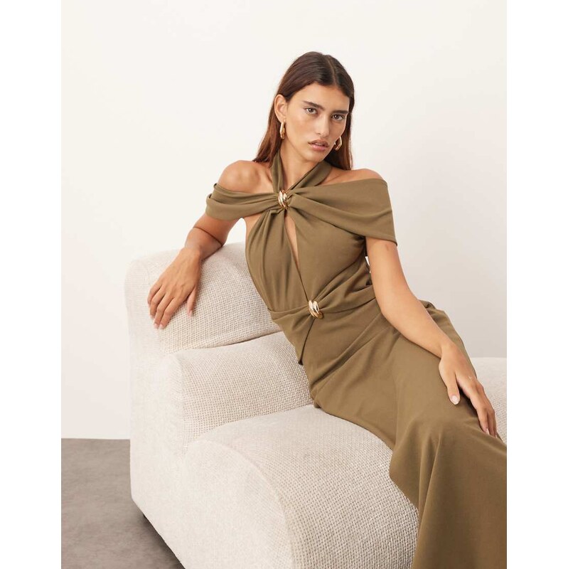 ARRANGE off shoulder halter maxi dress with gold hardware in