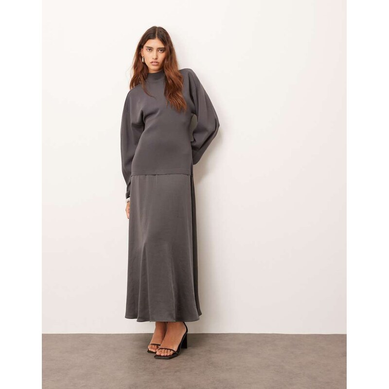 ARRANGE hybrid knit mix sculpted sleeve maxi dress in charcoal