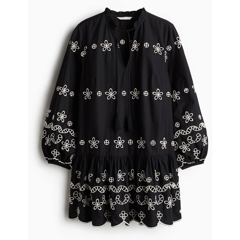 H&M - Tunikové šatys madeirou - Černá/Bílá