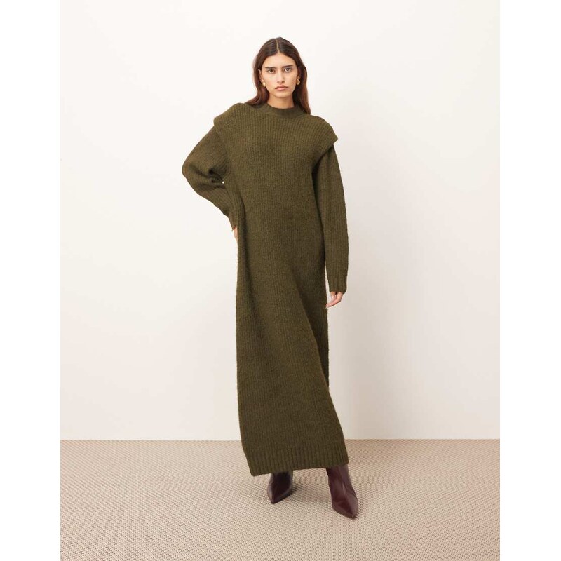 ARRANGE rib knitted shoulder pad midi dress in olive-Green 109025340