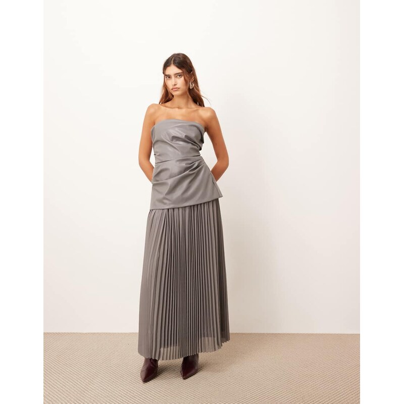 ARRANGE PU bodice maxi dress with pleated skirt in dark grey 109025358