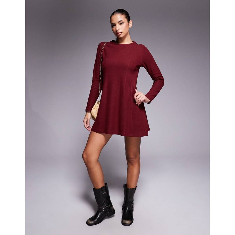 ASOS DESIGN supersoft long sleeve fit and flare mini dress in burgundy-Red
