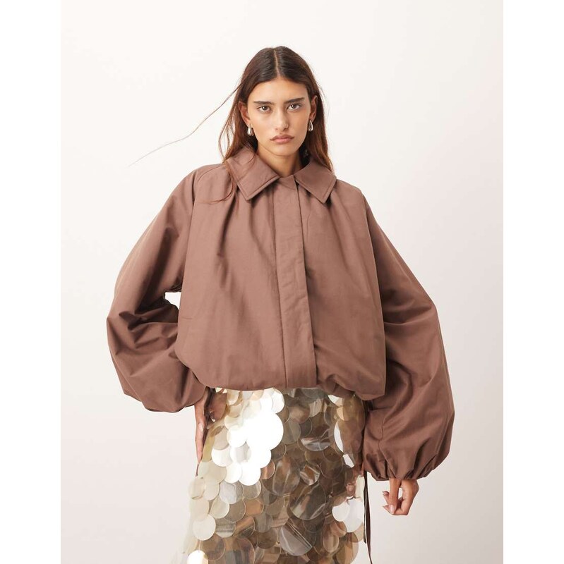 ARRANGE oversized bomber jacket with balloon sleeve in rich brown 109025341
