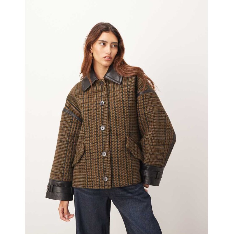 ARRANGE houndstooth brushed wool blend coat with leather detail in 109025342