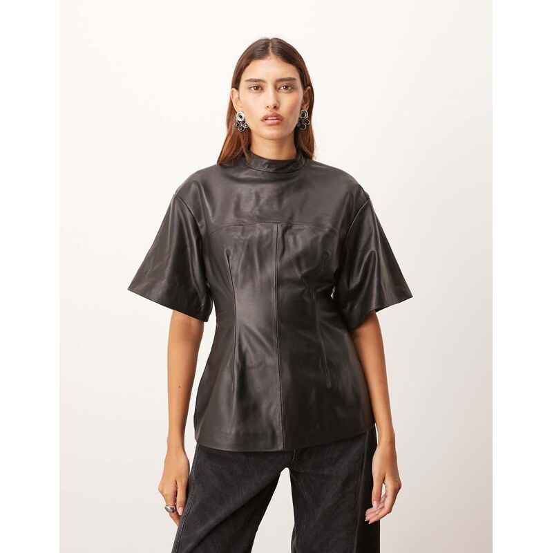 ARRANGE soft leather high neck top with nipped in waist in black