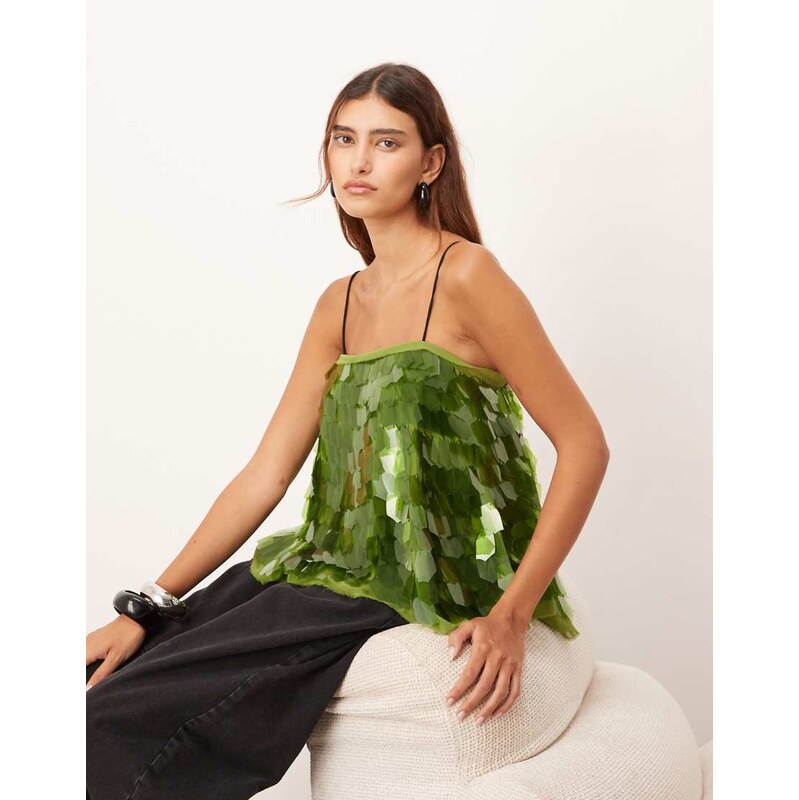 ARRANGE shard sequin top with contrast straps in olive-Green 109025353