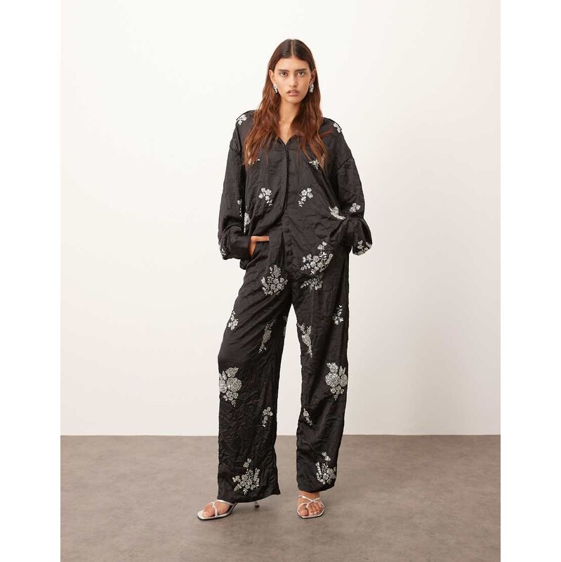 ARRANGE crinkle satin floral embellished trouser co-ord in black