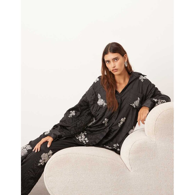 ARRANGE crinkle satin floral embellished shirt co-ord in black 110835011