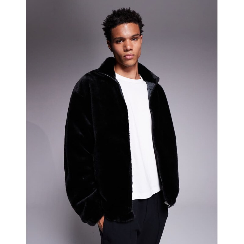 ADPT faux fur zip jacket in black