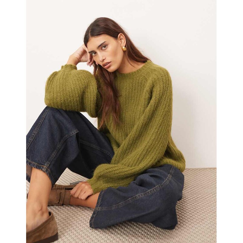 ARRANGE rib knit oversized jumper with wool in khaki-Green 110827164
