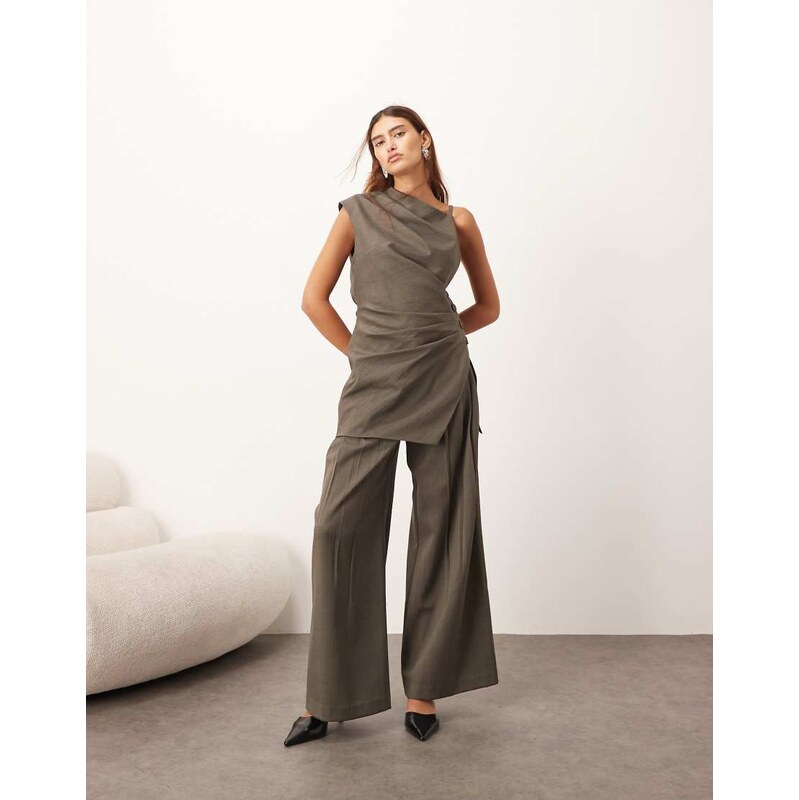ARRANGE wool pleated wide leg trouser co-ord in dark khaki-Green 113262699