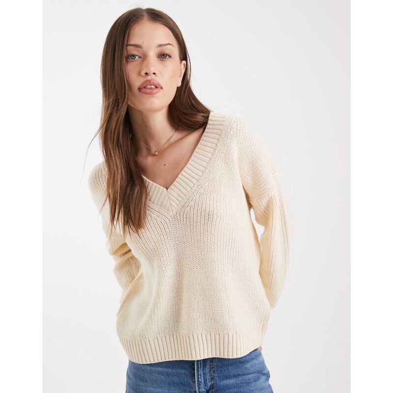 Brave Soul deep v neck fisherman knit jumper in oatmeal-Neutral