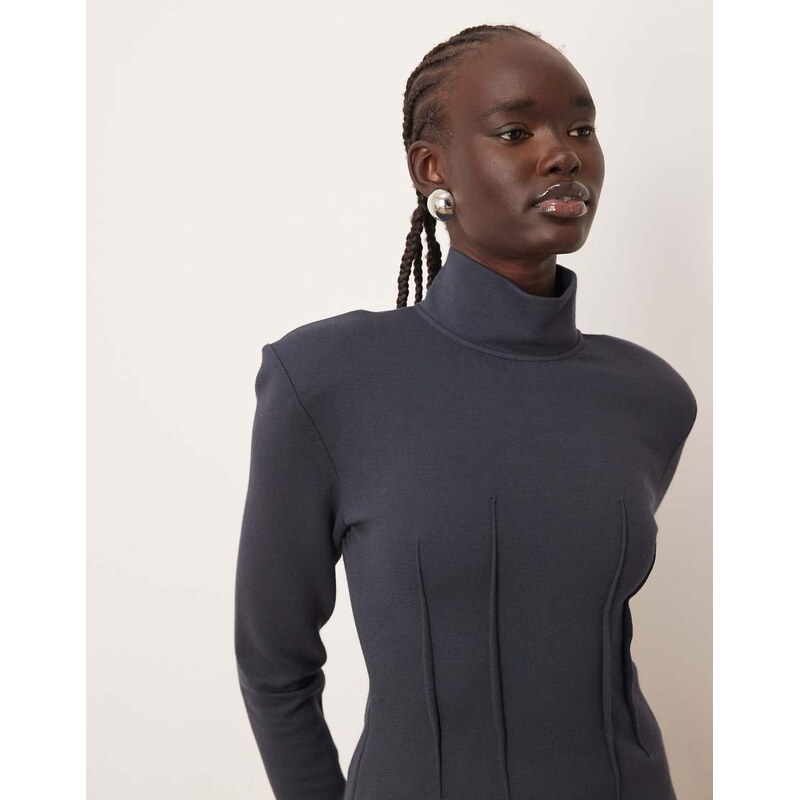 ARRANGE structured jersey top with padded shoulder in charcoal-Grey 109025513