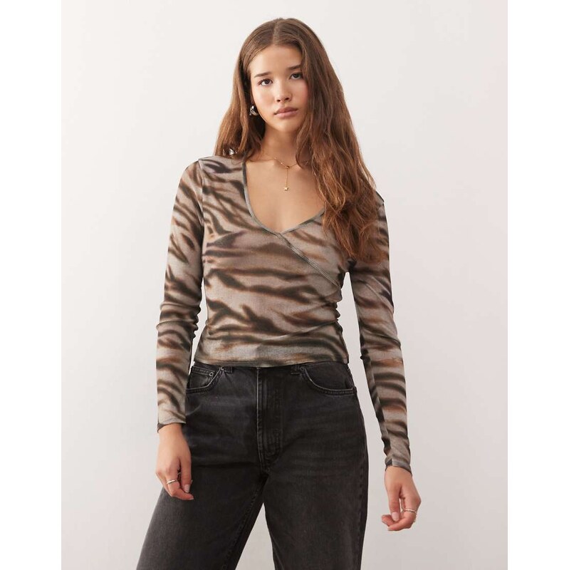 COLLUSION mesh wrap top in tiger print-Multi