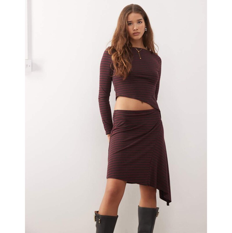 COLLUSION asymmetrical striped top in spliced burgundy-Multi