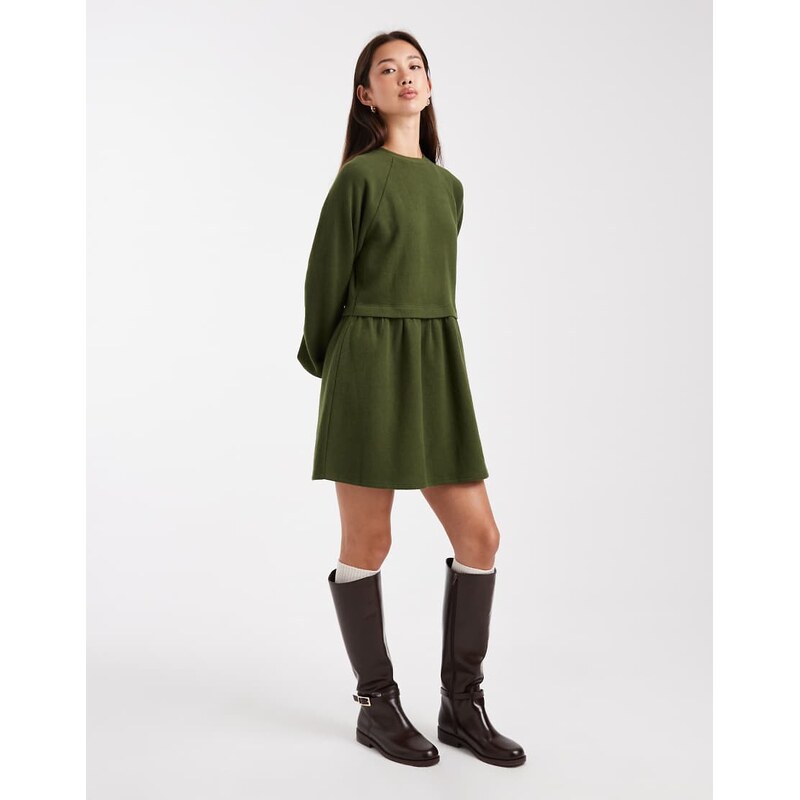 Miss Selfridge super soft brushed smock dress in olive-Multi