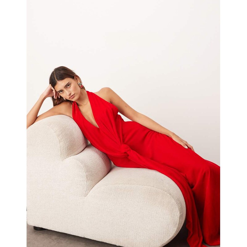 ARRANGE halter plunge velvet maxi dress with tie detail in red
