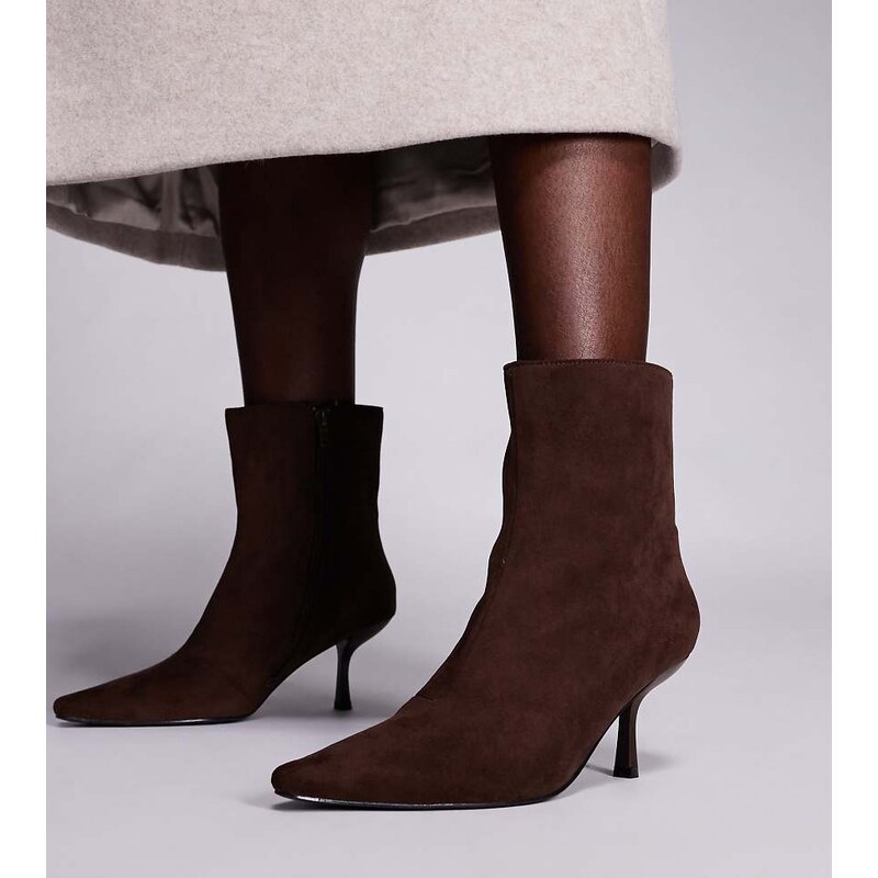Public Desire Wide Fit Beverly pointed toe heeled ankle boots in brown 109369551