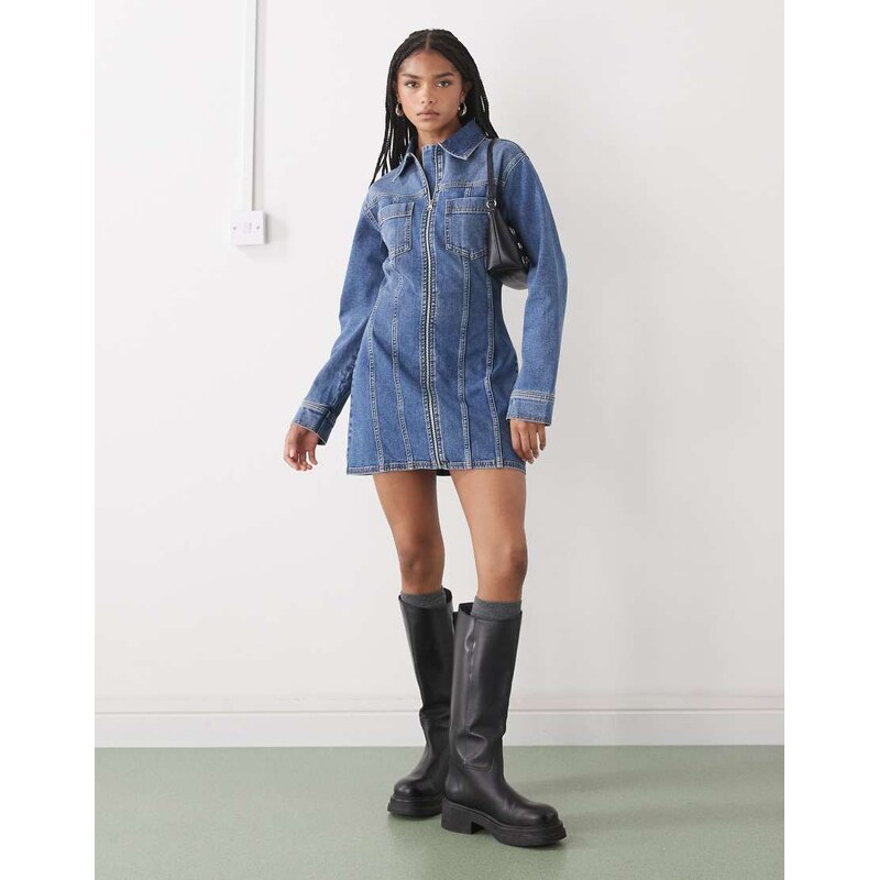 COLLUSION denim long sleeve shirt dress in mid blue 109652834