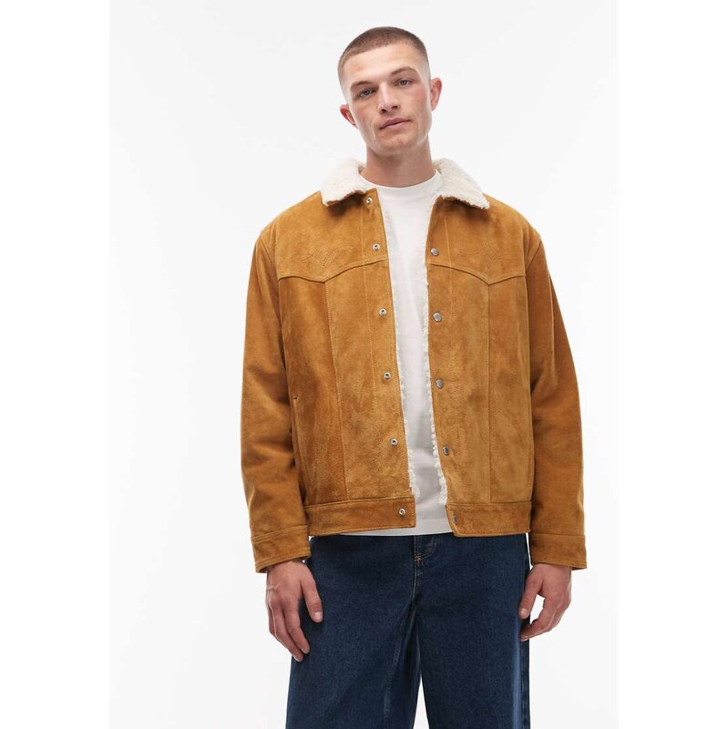Levis western sherpa suede trucker jacket in tan-Brown